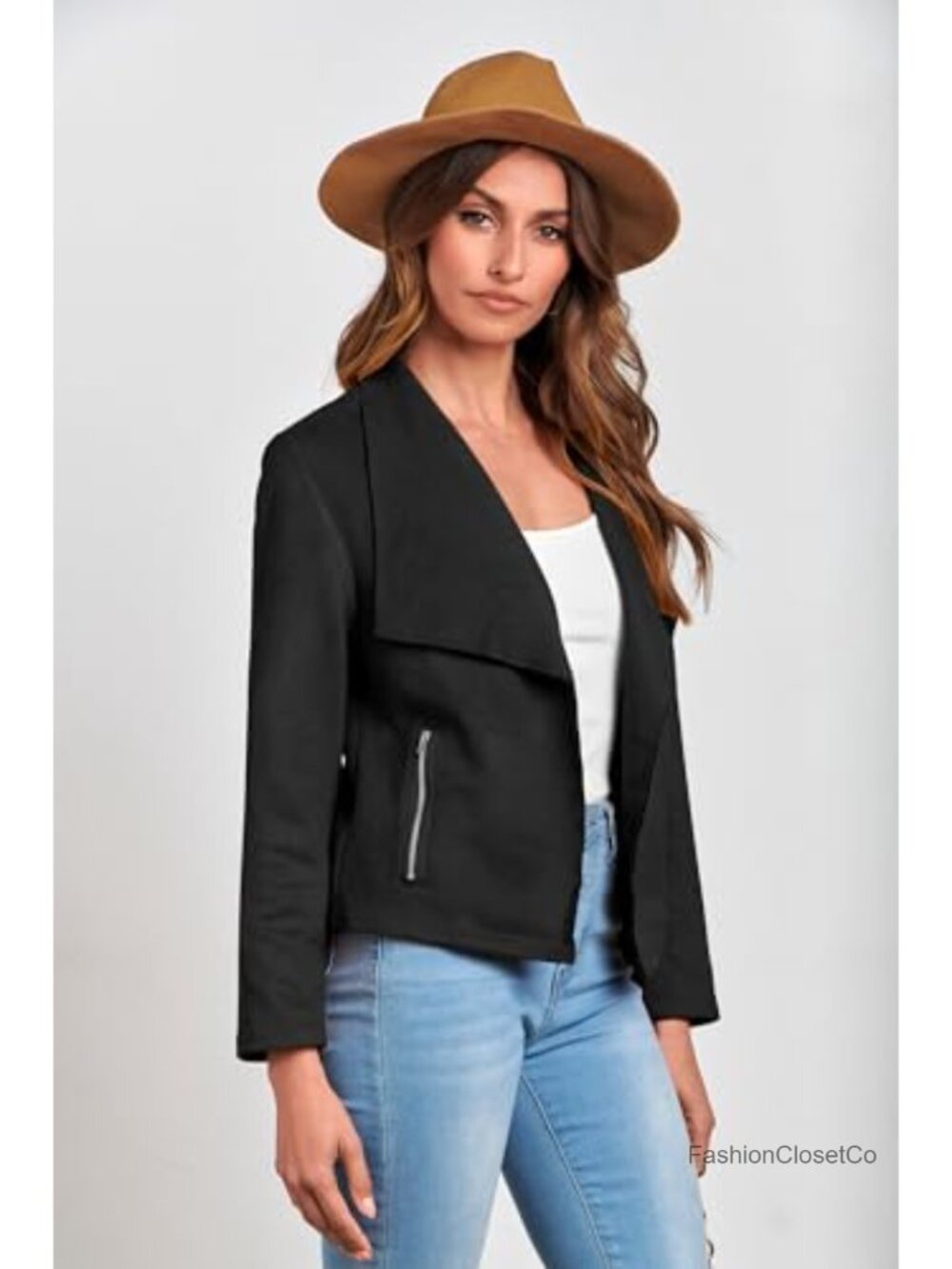 Faux Suede Cropped Jacket Waterfall Collar Open Front Zip Pockets Fall - Picture 5 of 6